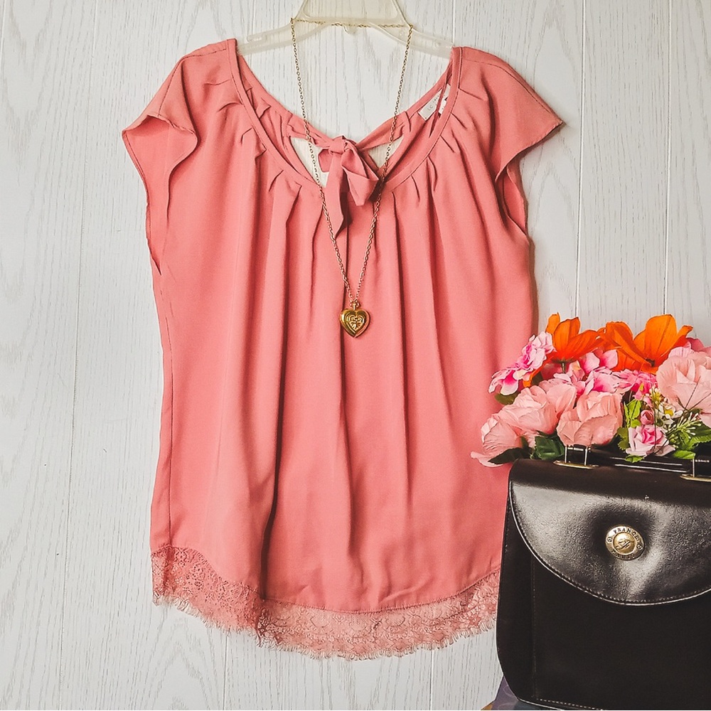 LC Lauren Conrad Blush Pink Blouse with Lace Trim